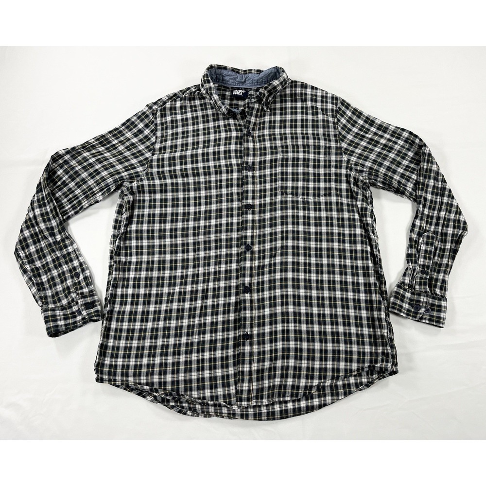 Lands' End Men's L Brushed Twill Plaid Button Down Shirt Green Gray Soft Flannel